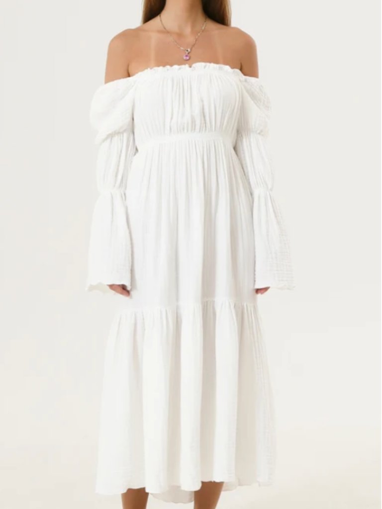 Nwt Nothing Fits But Seine Dress White Gauze Puff Sleeve Tiered Maxi L/Xl — image 3 of 8